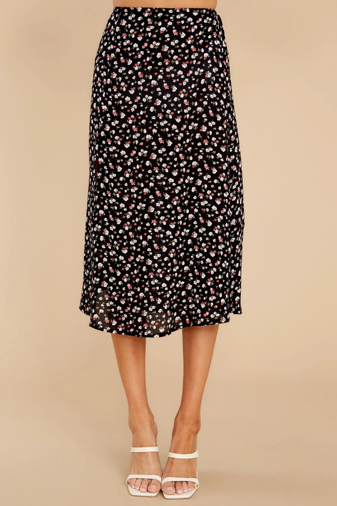 Tango In The Night Black And Spiced Coral Floral Midi Skirt