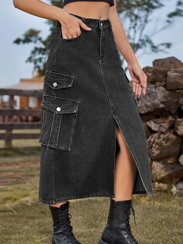 TEEK - Elastic Waist Denim Cargo Casual Midi Skirt