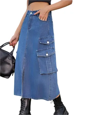 TEEK - Elastic Waist Denim Cargo Casual Midi Skirt