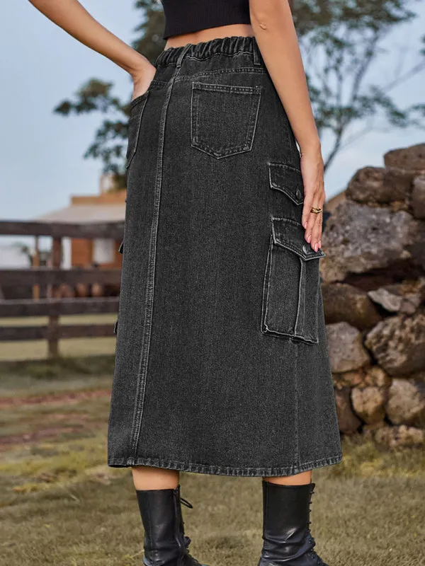 TEEK - Elastic Waist Denim Cargo Casual Midi Skirt