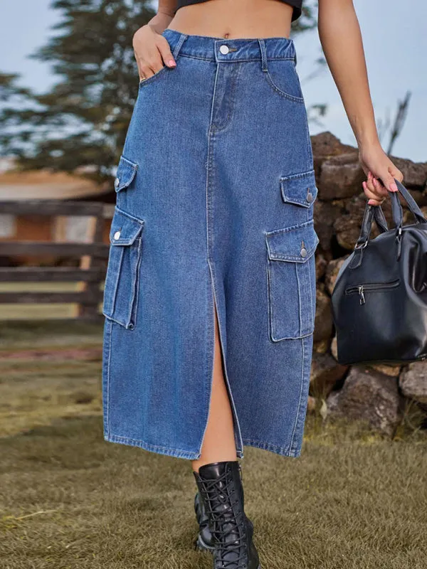 TEEK - Elastic Waist Denim Cargo Casual Midi Skirt