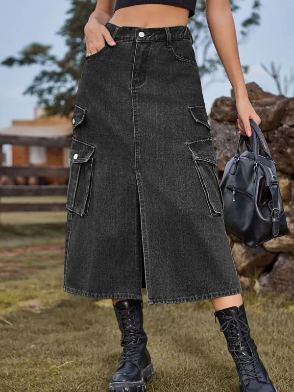 TEEK - Elastic Waist Denim Cargo Casual Midi Skirt