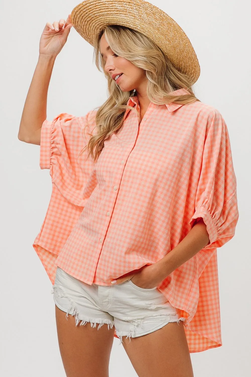 TEEK - Light Coral Plaid Button Up Dolman Sleeve Shirt