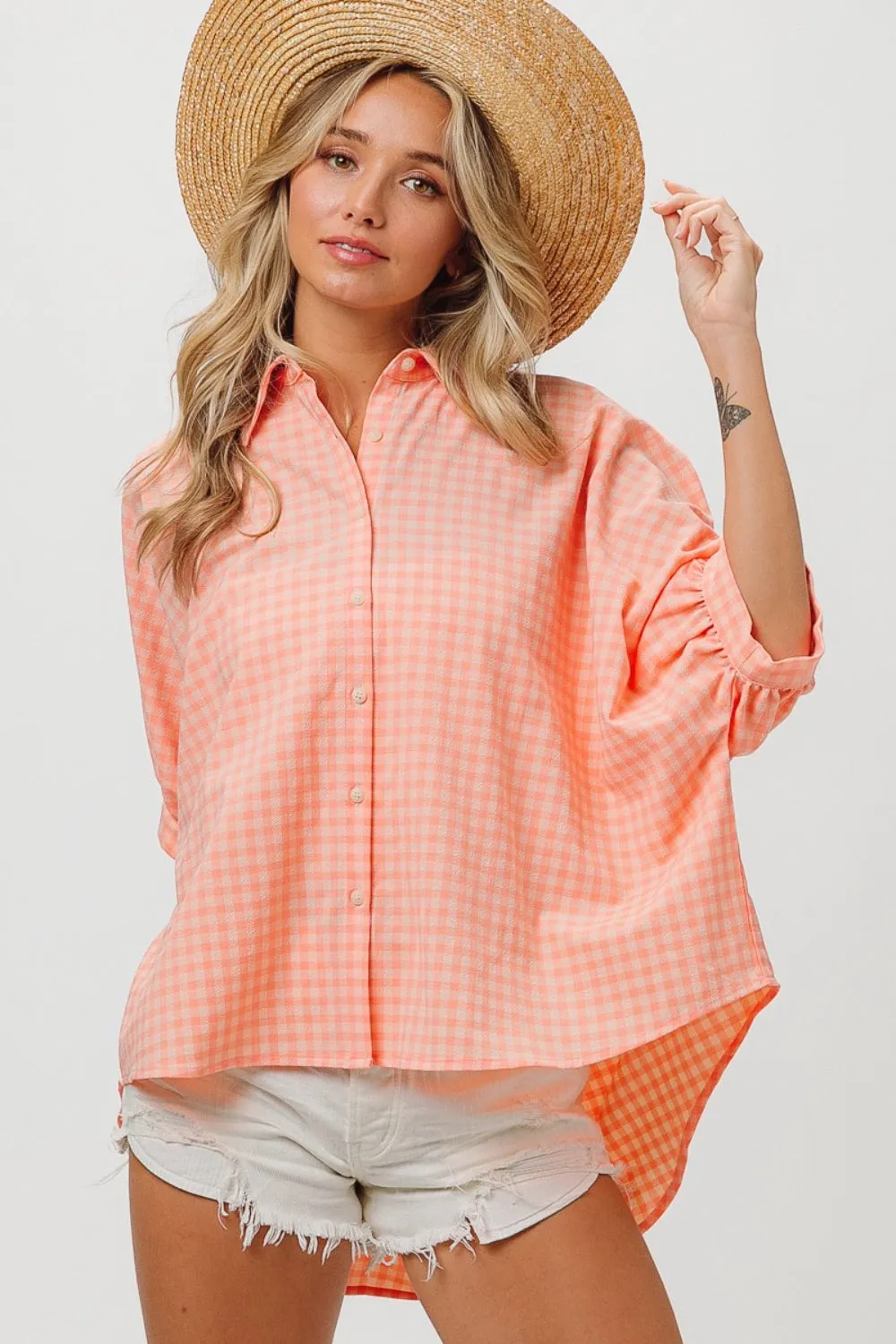 TEEK - Light Coral Plaid Button Up Dolman Sleeve Shirt