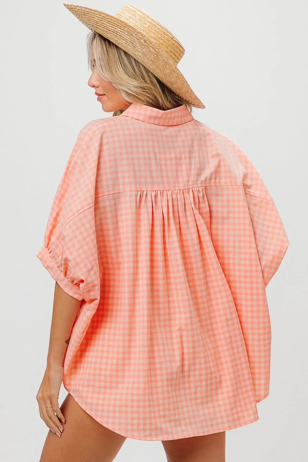 TEEK - Light Coral Plaid Button Up Dolman Sleeve Shirt