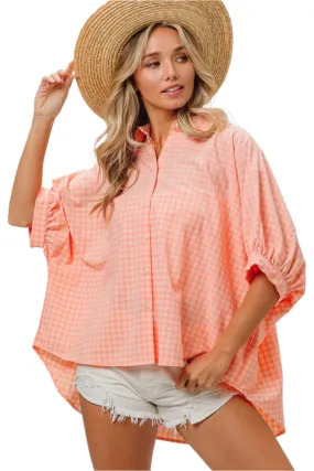 TEEK - Light Coral Plaid Button Up Dolman Sleeve Shirt