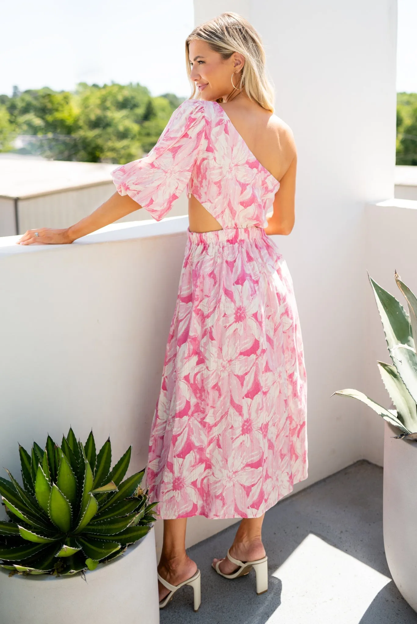 Trust Your Heart Pink Floral Print Midi Dress