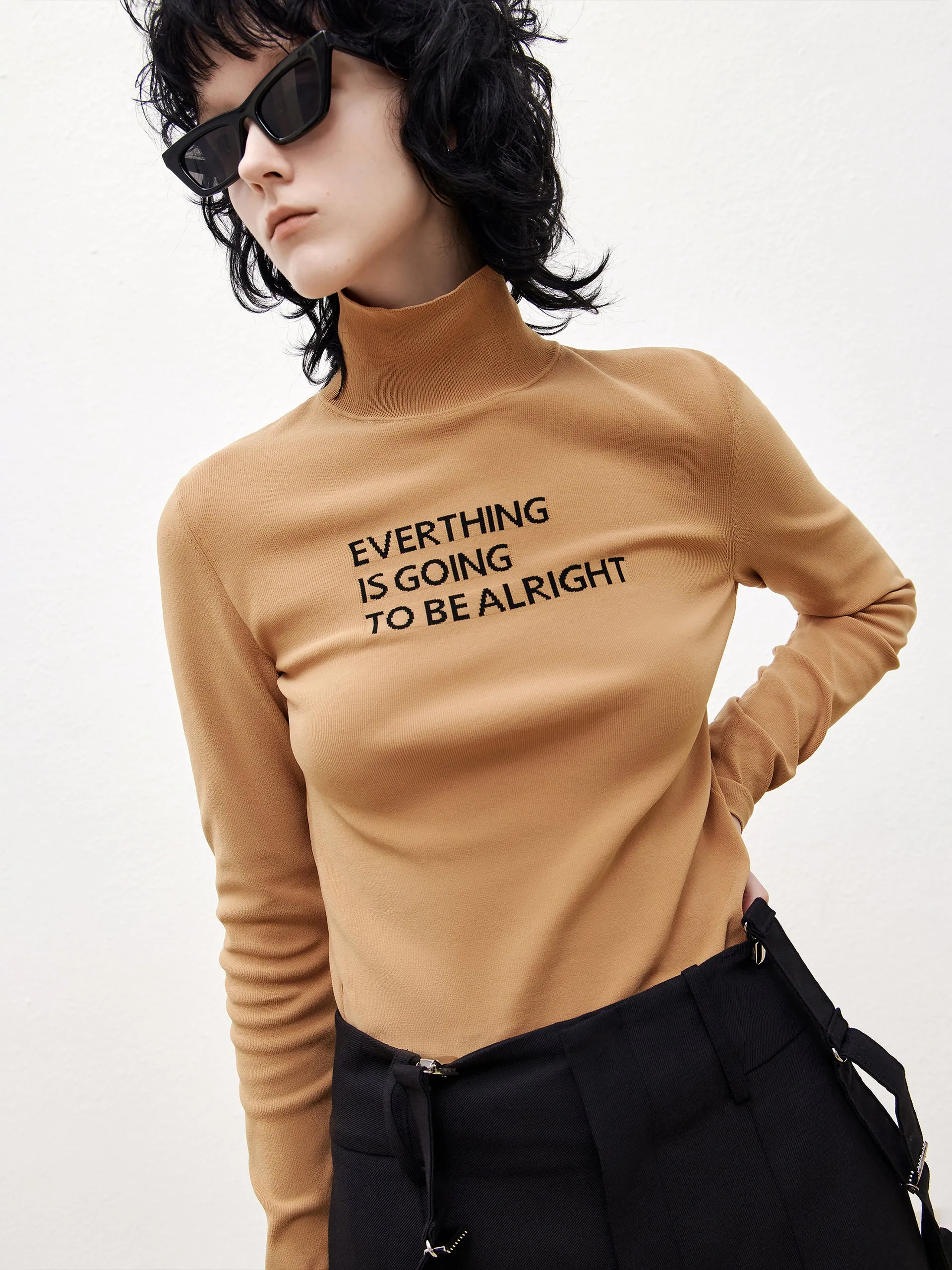 Turtleneck Letter Jacquard Knit Top