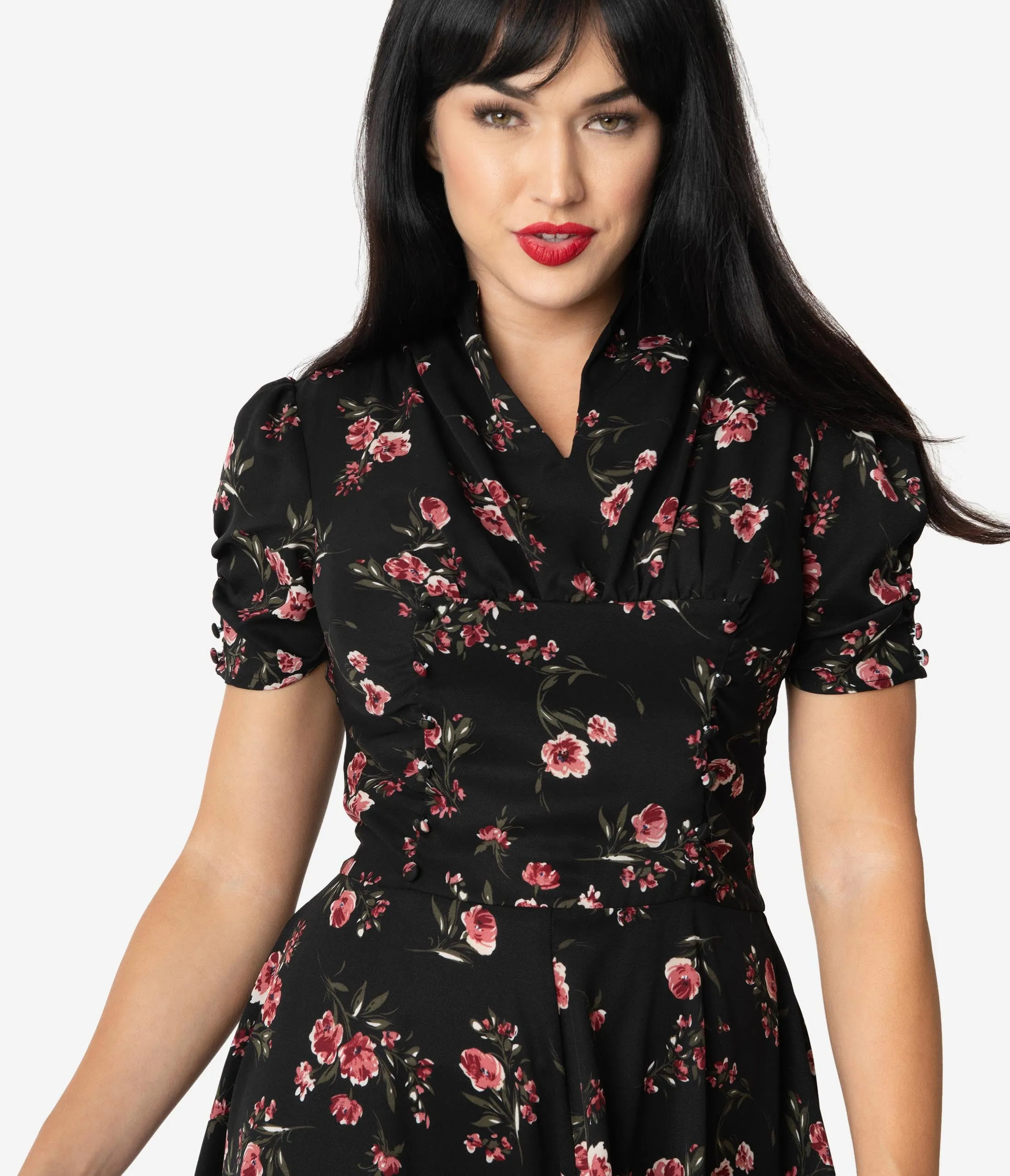 Unique Vintage 1940s Black & Pink Floral Print Camilla Midi Dress