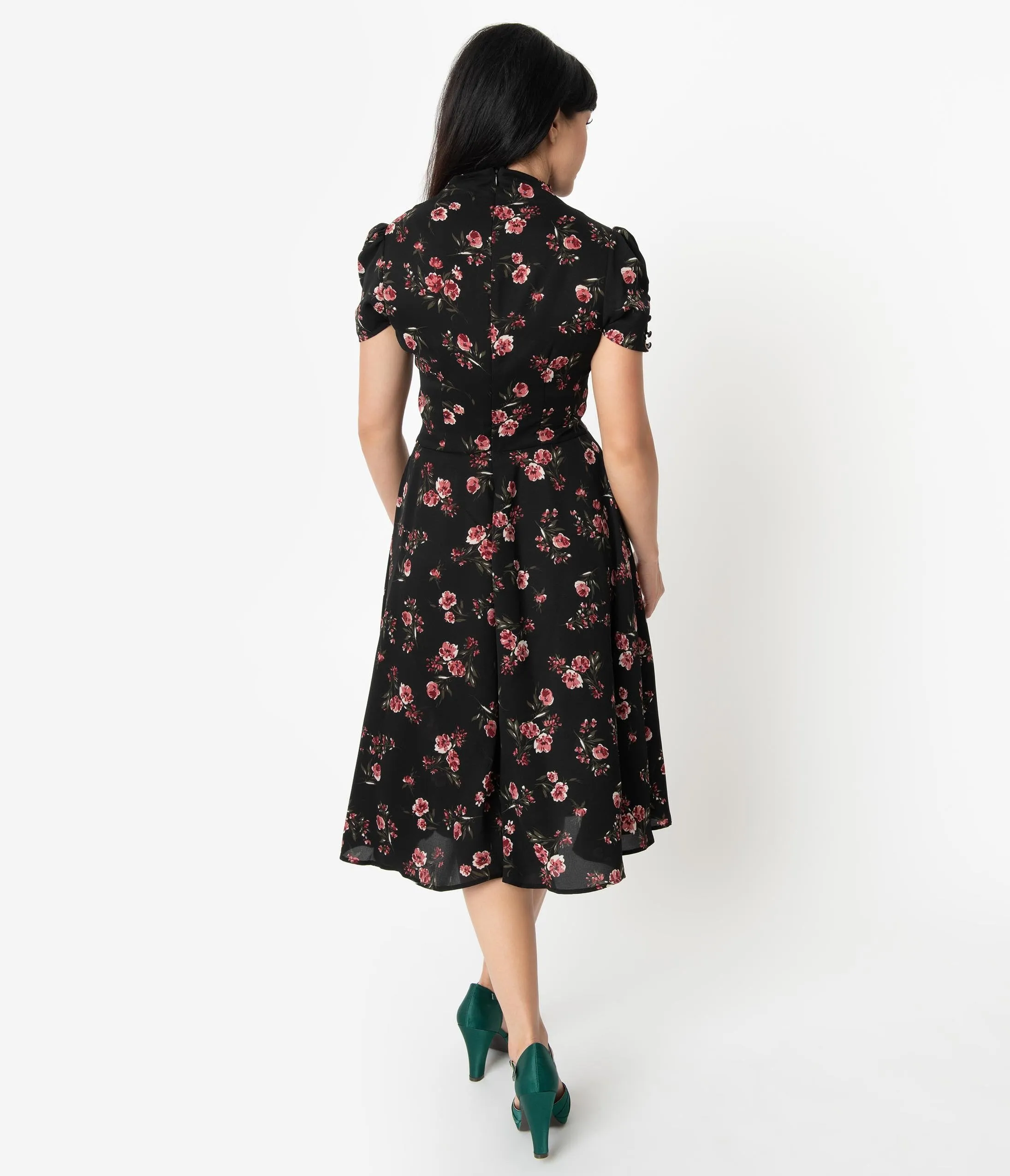 Unique Vintage 1940s Black & Pink Floral Print Camilla Midi Dress