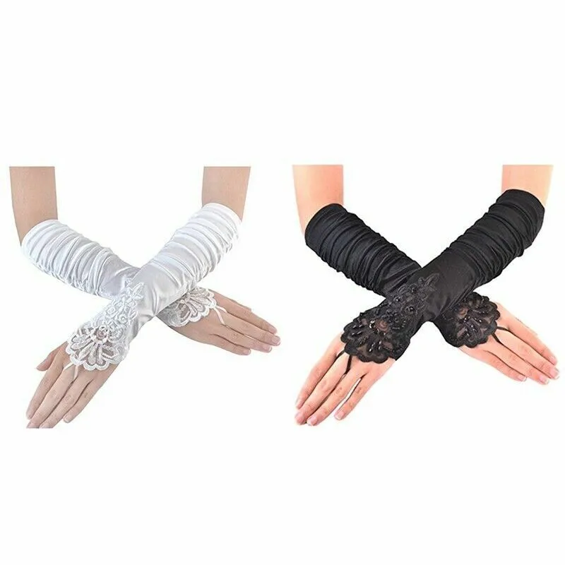 US Women 1920S Long Flapper Fingerless Evening Opera Satin Gloves Bride 18.89”