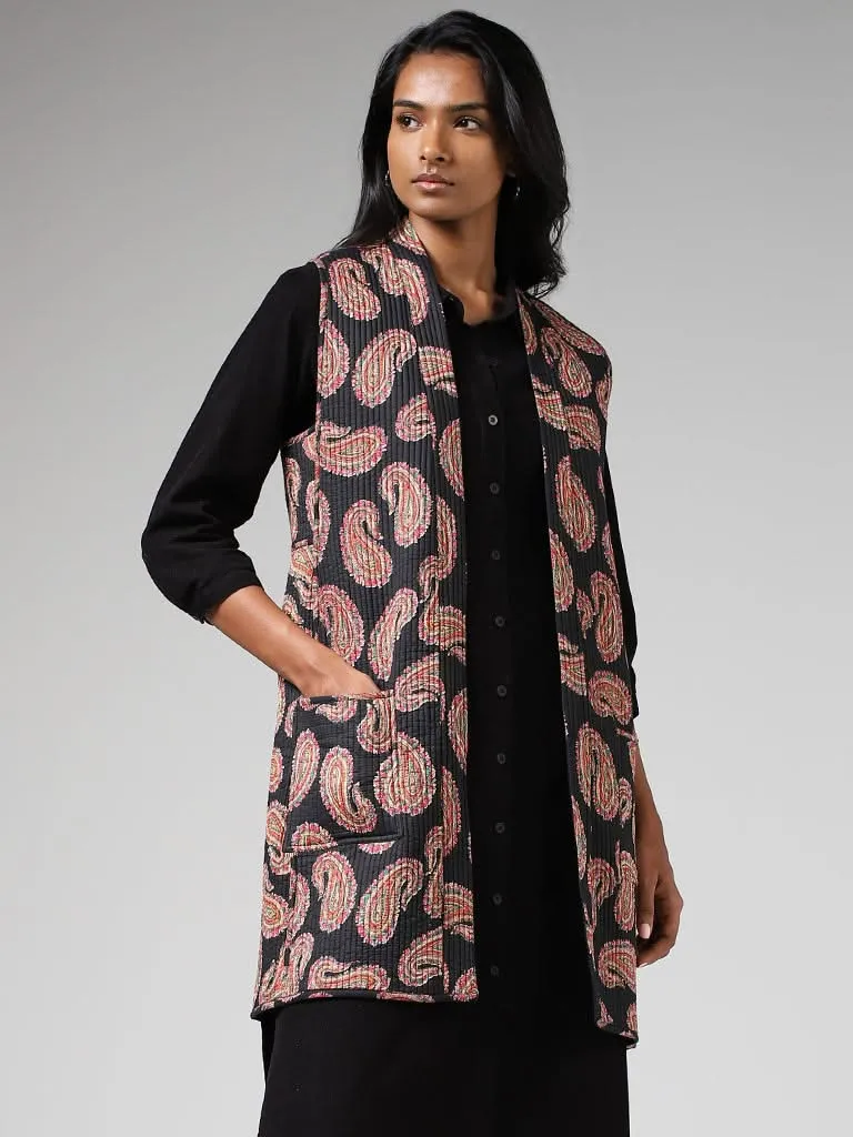 Utsa Black Paisley Printed Long Cotton Quilted Reversible Jacket