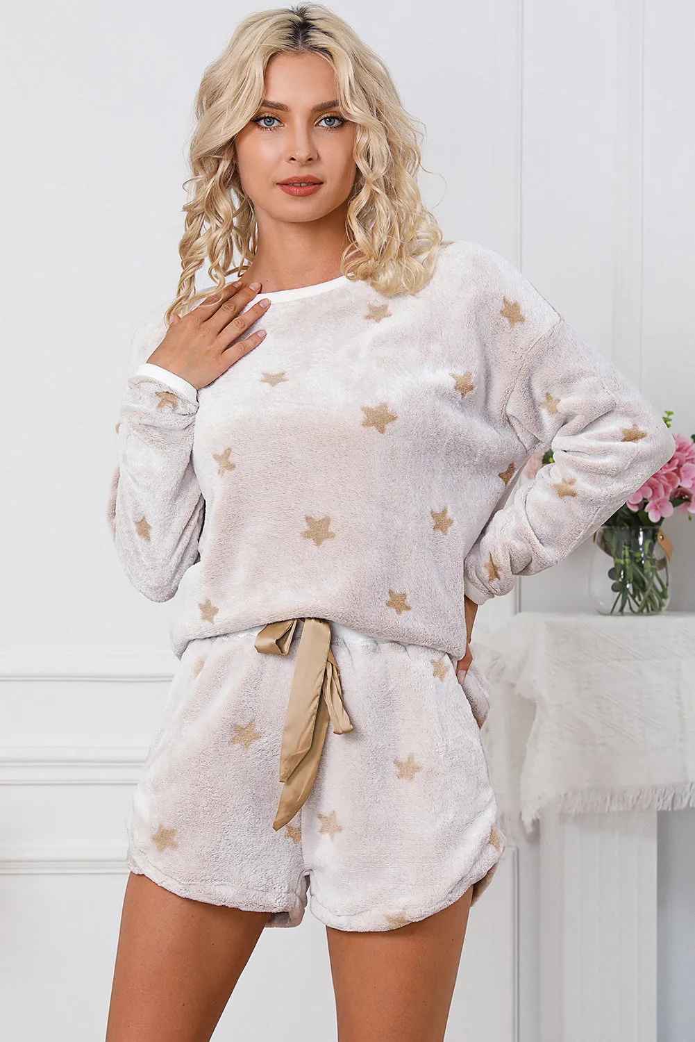 White Plush Star Pattern Long Sleeve Pullover and Shorts Lounge Set