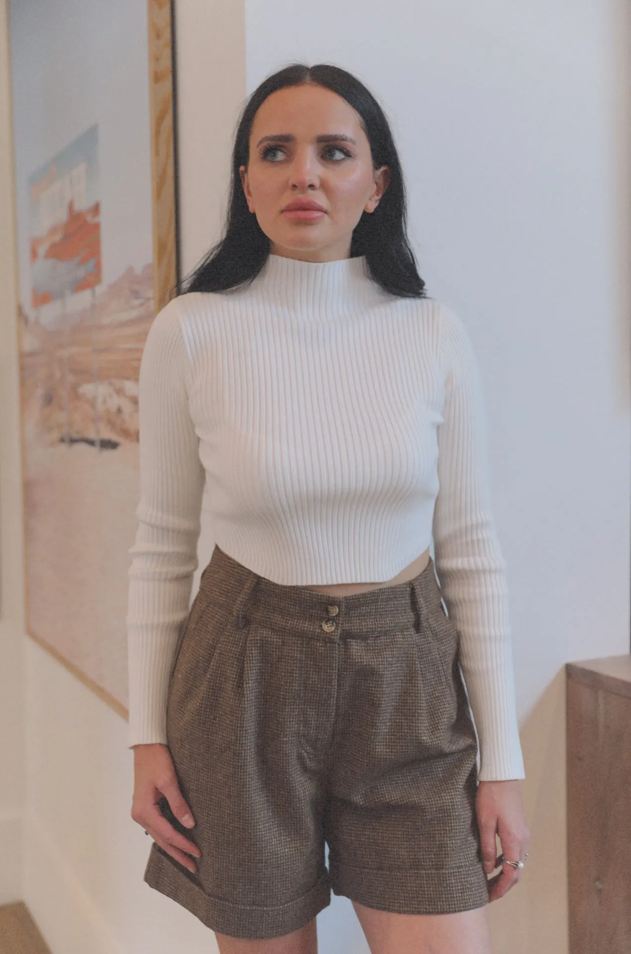 White Ribbed Mock Neck Cropped Sweater