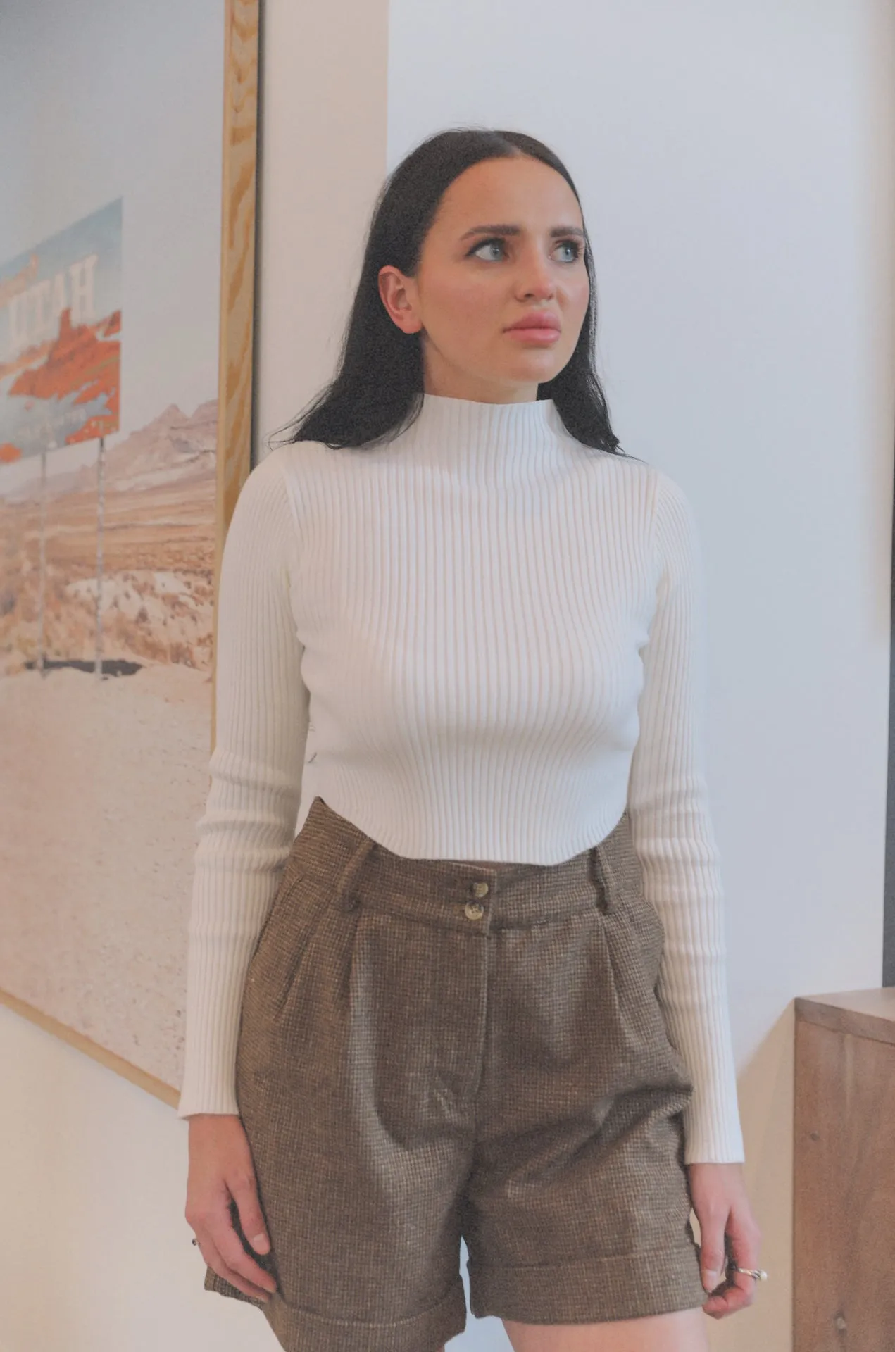 White Ribbed Mock Neck Cropped Sweater