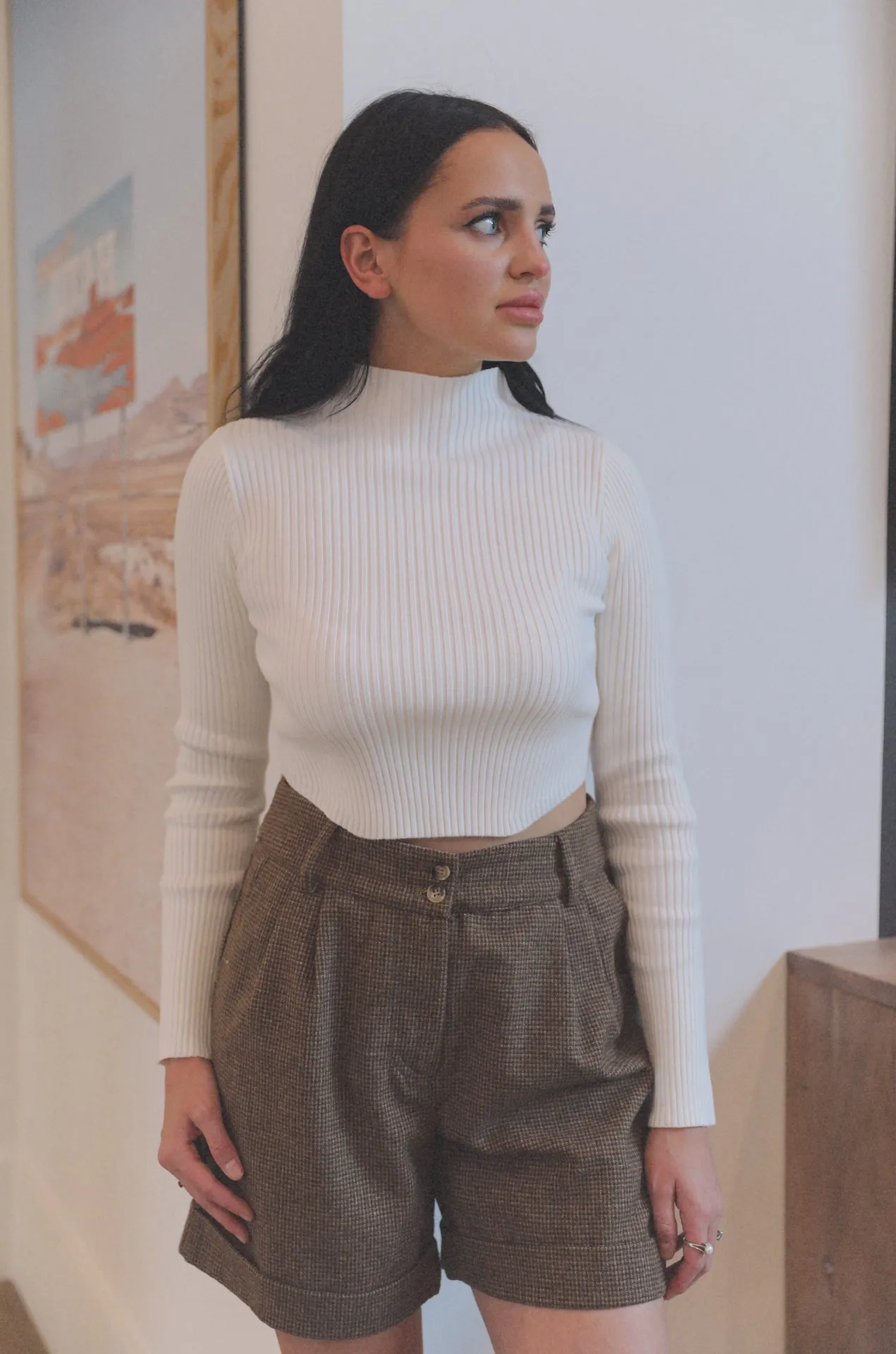 White Ribbed Mock Neck Cropped Sweater