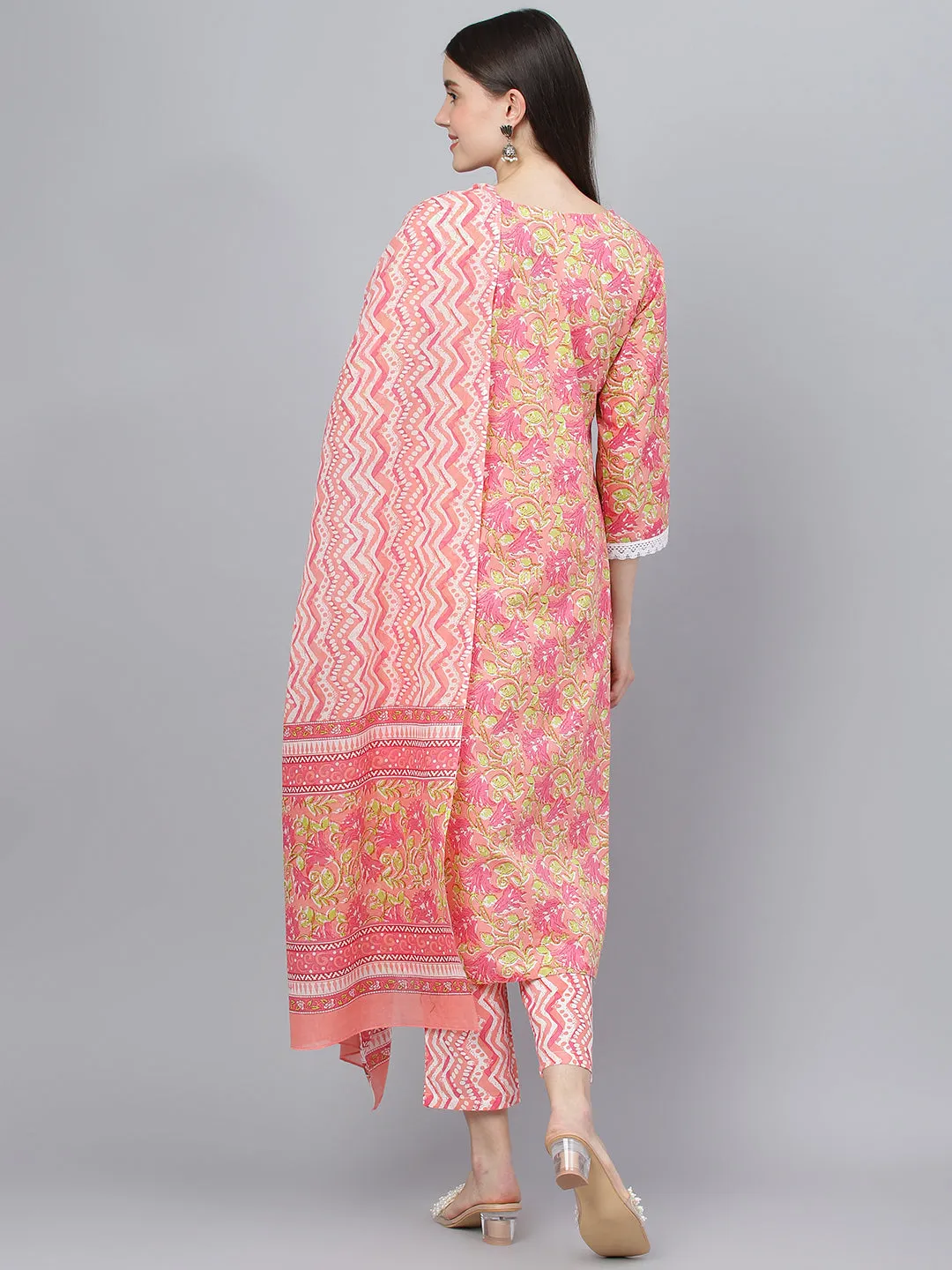 Women Peach Floral Printed Kurta Pant Set With Dupatta