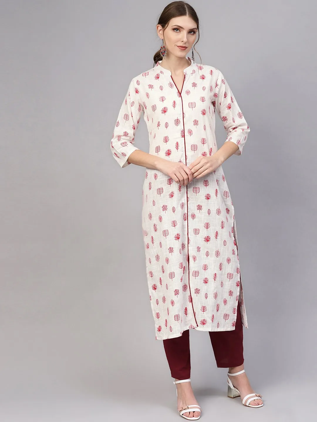 Women White & Maroon Printed Kurta With Trousers