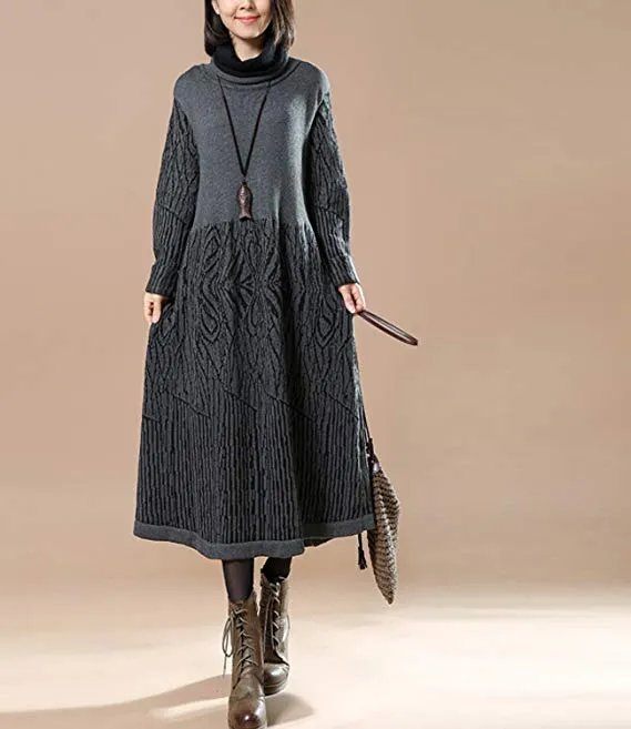 Women Winter Turtle Neck Long Sleeve Sweater Knitted Dress