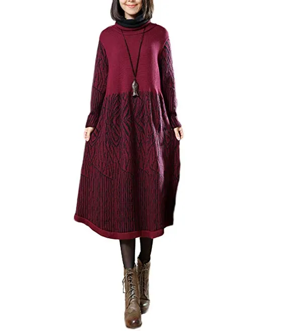 Women Winter Turtle Neck Long Sleeve Sweater Knitted Dress