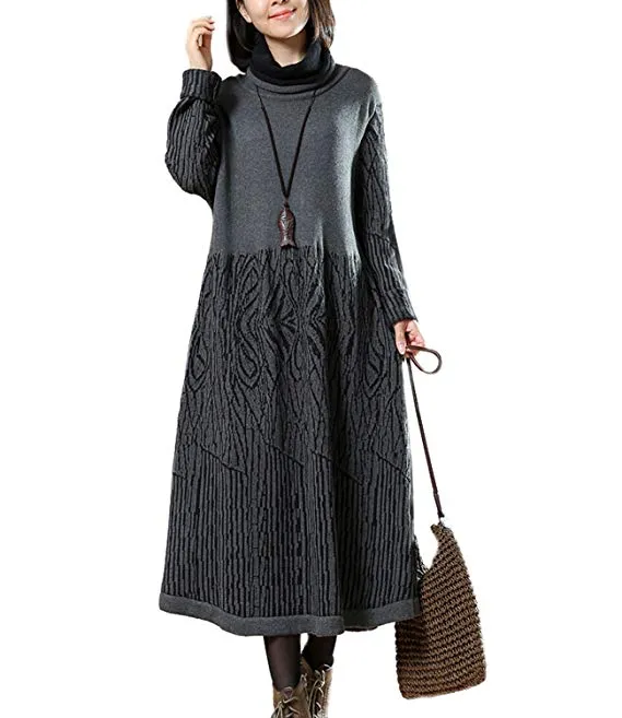 Women Winter Turtle Neck Long Sleeve Sweater Knitted Dress