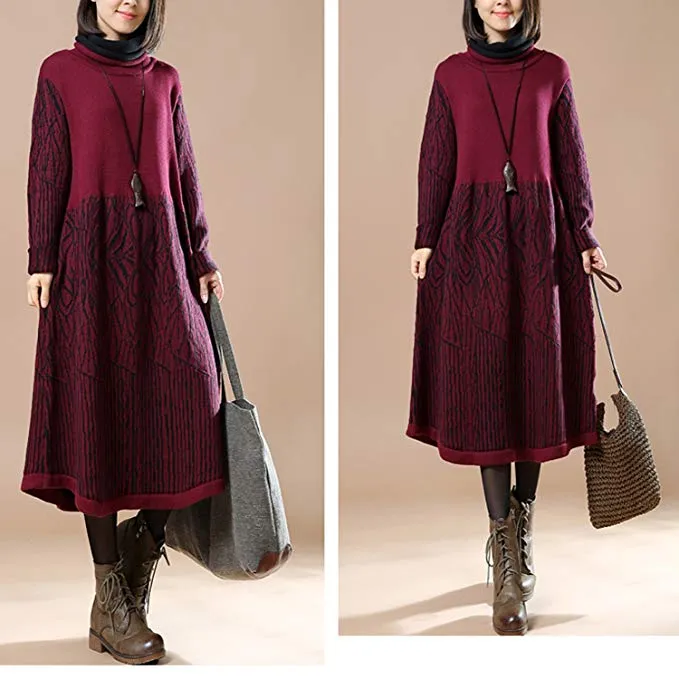 Women Winter Turtle Neck Long Sleeve Sweater Knitted Dress