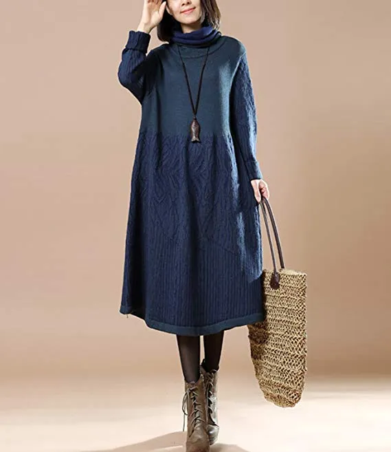 Women Winter Turtle Neck Long Sleeve Sweater Knitted Dress