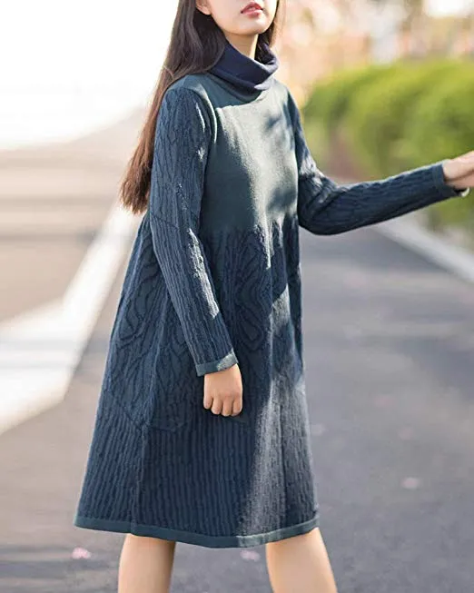 Women Winter Turtle Neck Long Sleeve Sweater Knitted Dress