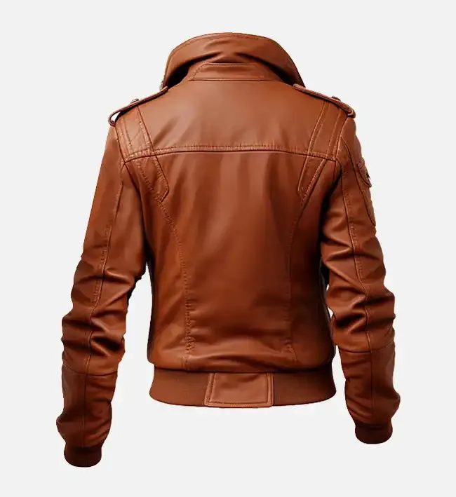 Women's Brown Bomber Jacket with Strap Pocket