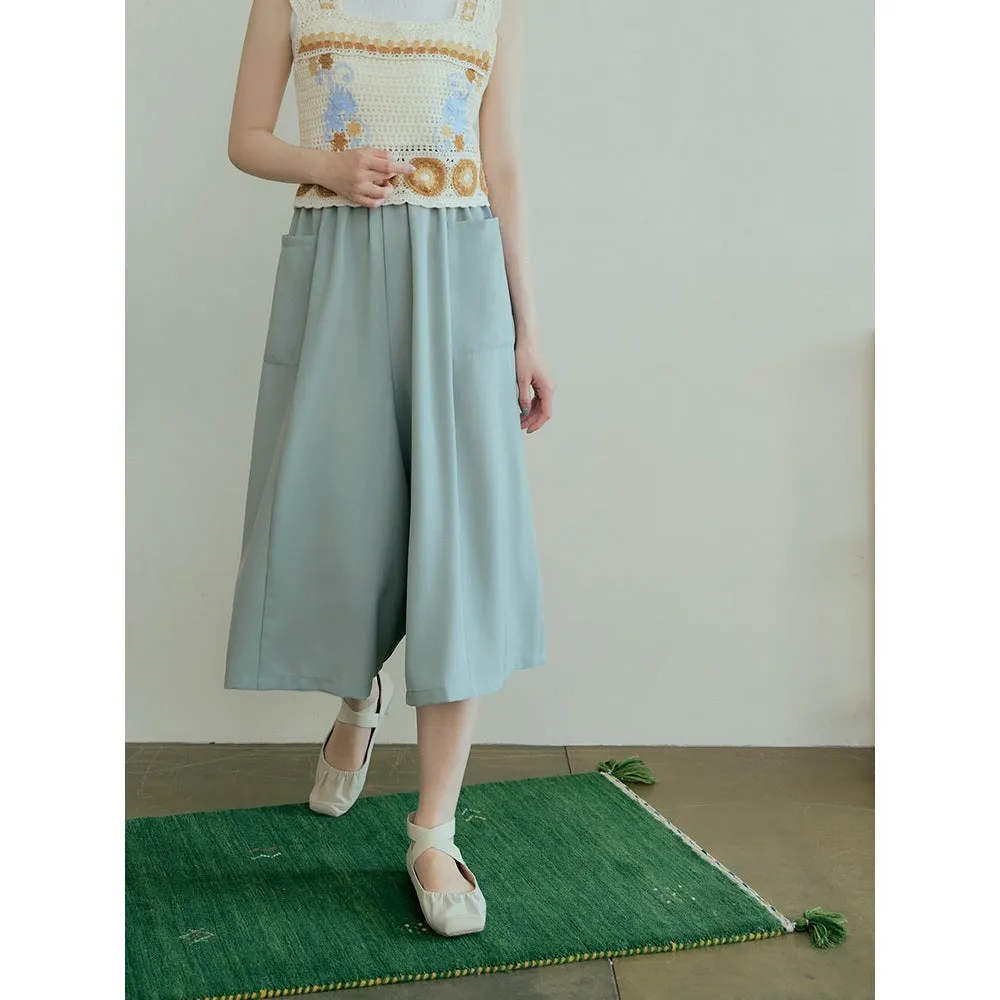 Wrinkle Free Wide Leg Elastic Waist Culottes Long Pants Trousers