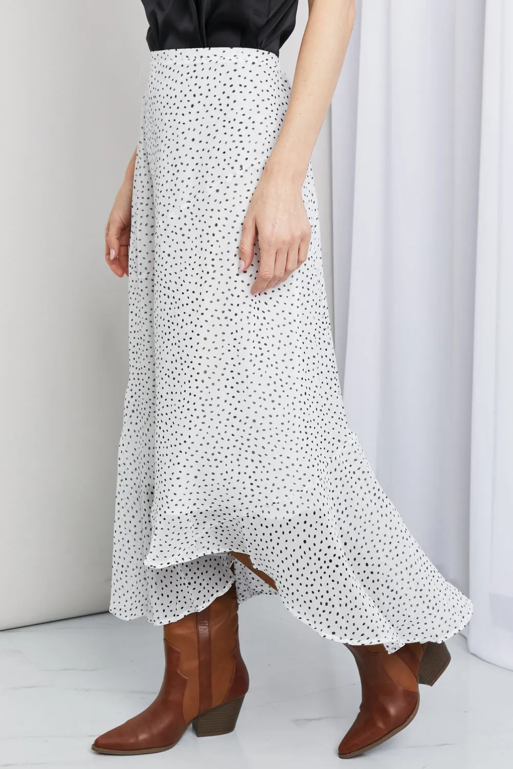 Zenana Polka Dot Ruffle Hem Midi Skirt in Ivory/Black