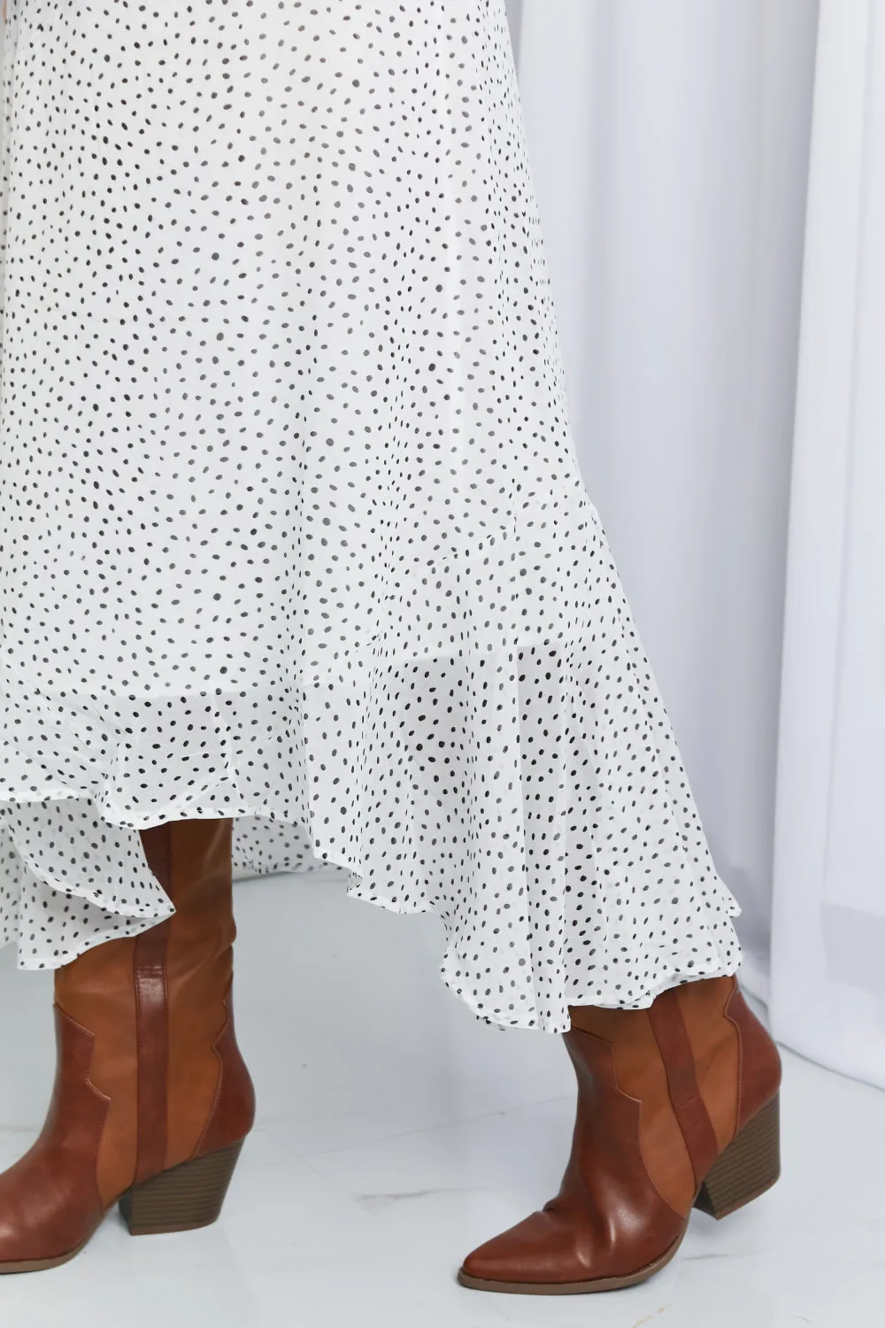 Zenana Polka Dot Ruffle Hem Midi Skirt in Ivory/Black