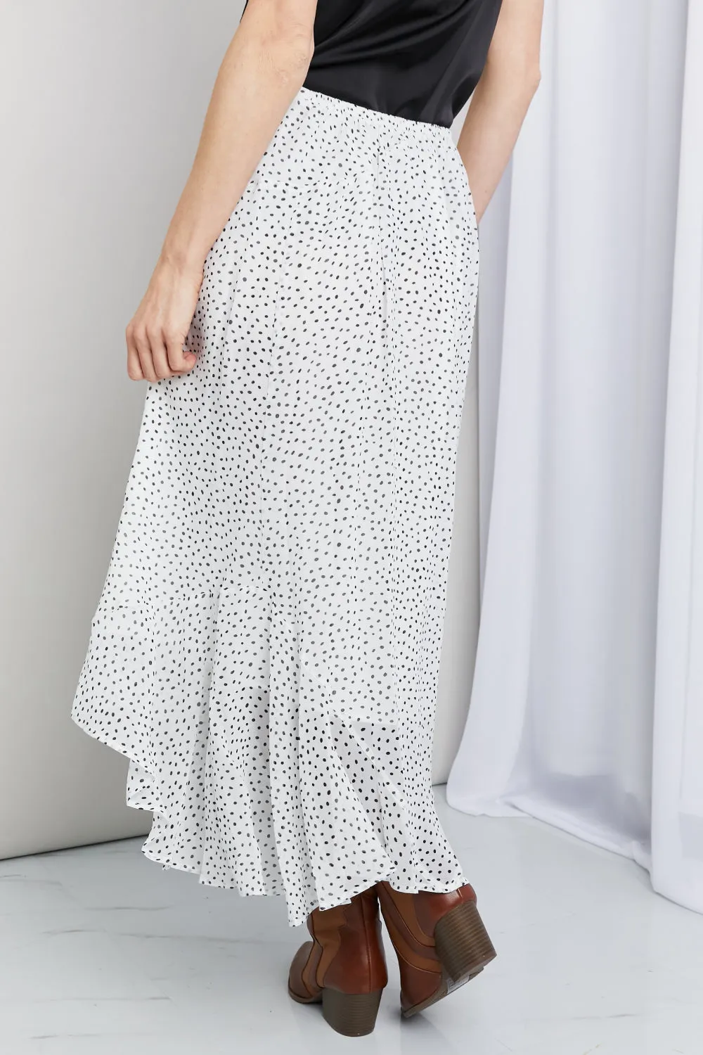 Zenana Polka Dot Ruffle Hem Midi Skirt in Ivory/Black