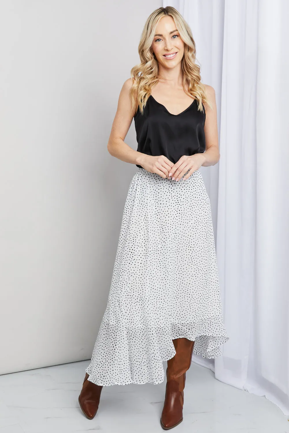 Zenana Polka Dot Ruffle Hem Midi Skirt in Ivory/Black