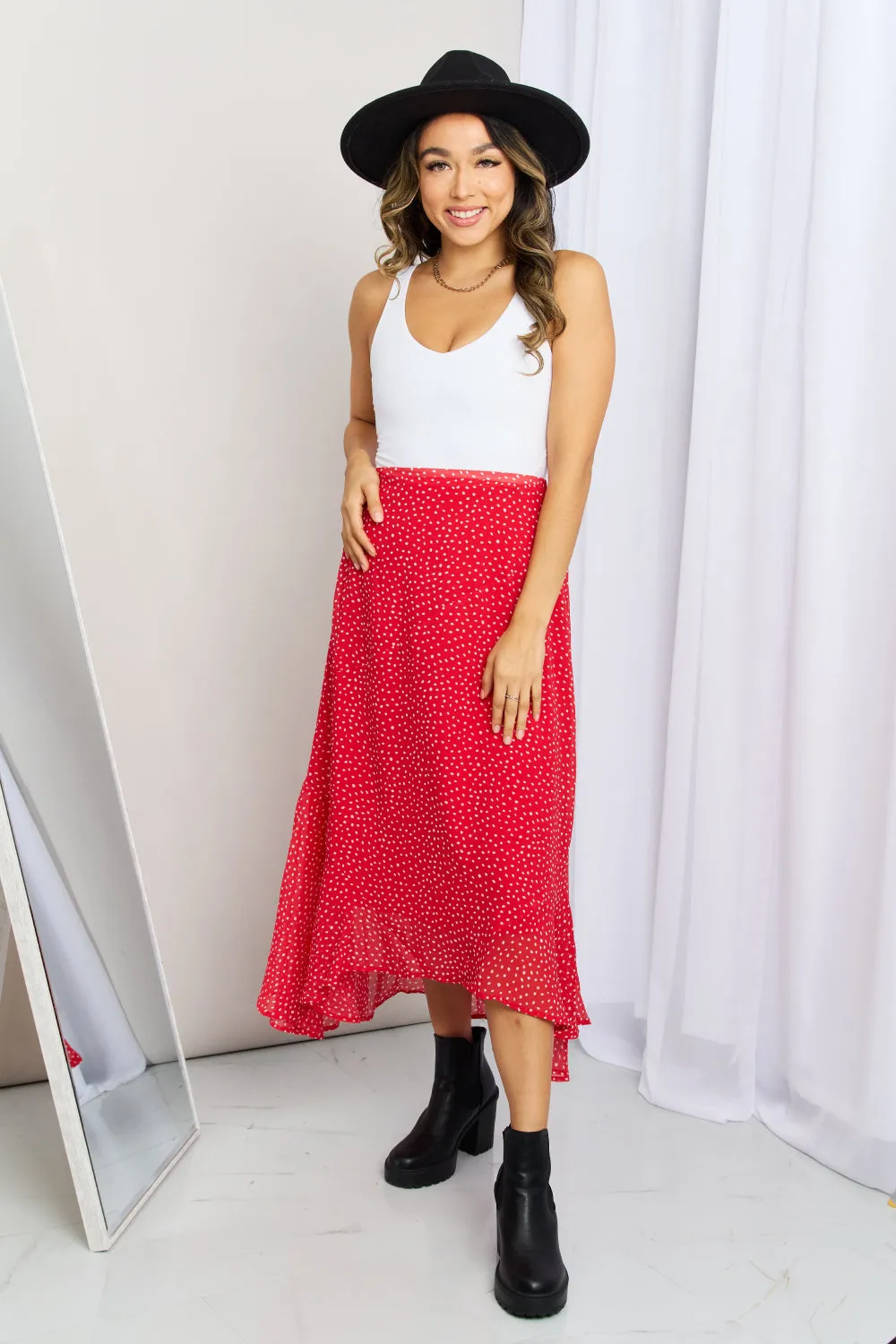 Zenana Polka Dot Ruffle Hem Midi Skirt