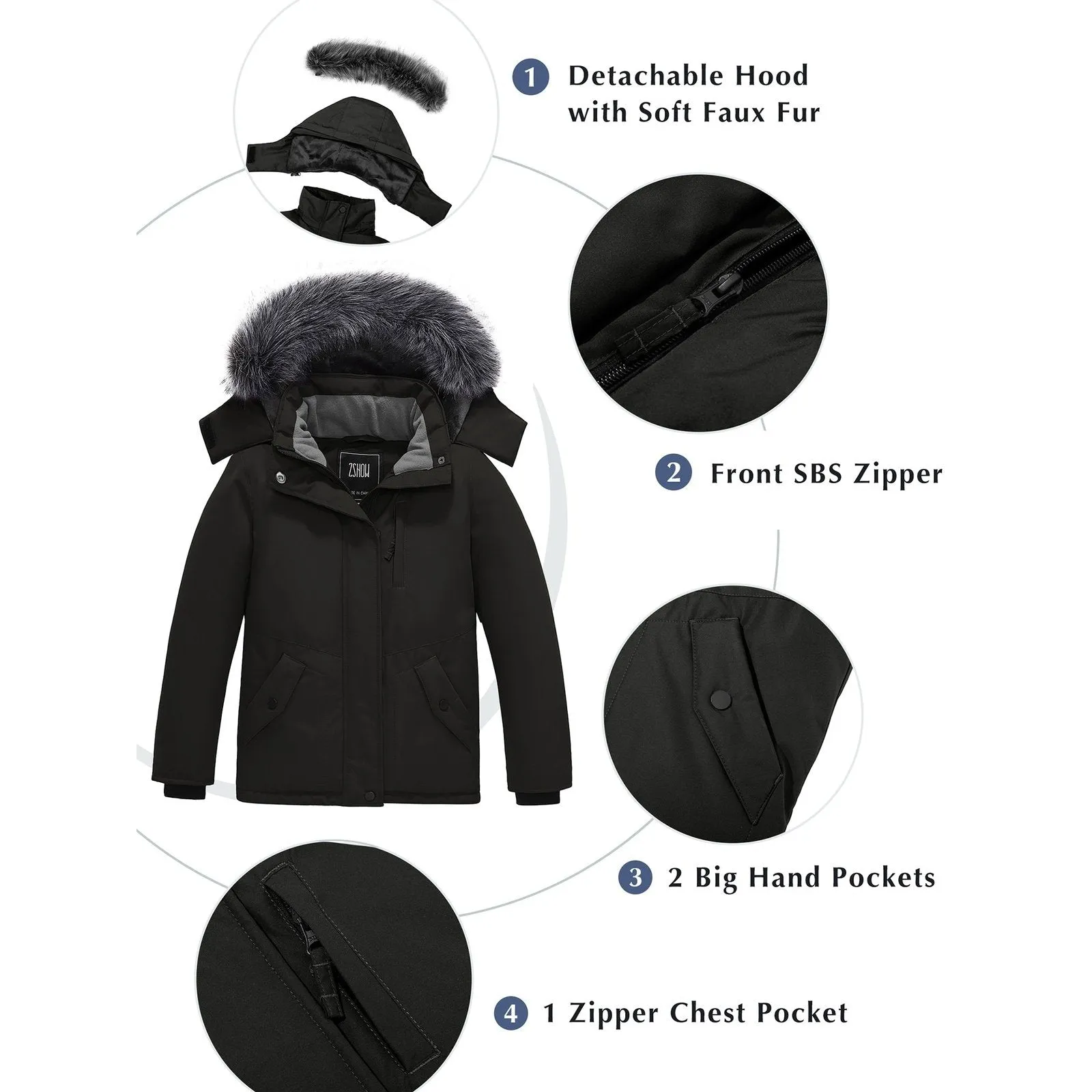 ZSHOW Girls' Hooded Winter Parka Coat Ultra Soft Fleeced Lined Hiking Puffer Jacket(Black,8)